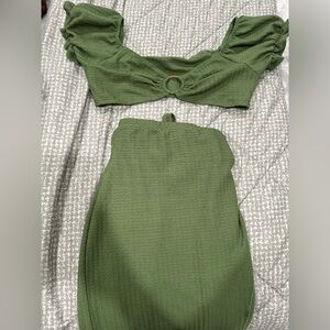 SHEIN Textured Olive Ensemble long skirt with crop top